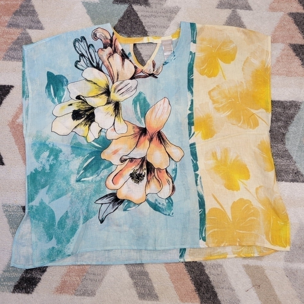 Chicos Tropical Floral Linen Artsy Poncho Size Small / Medium Boxy